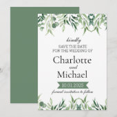 Invitation Modèle d'annonce de mariage Elegant Greenery Save  (Devant / Derrière)