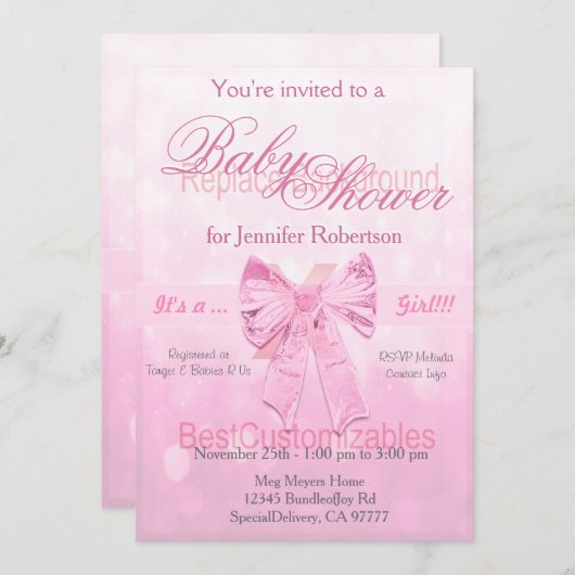 Invitation Modèle de Baby shower de Bow rose (Devant / Derrière)