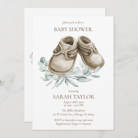 Invitation Modèle de Baby shower Rustique Boho Booties (Devant / Derrière)