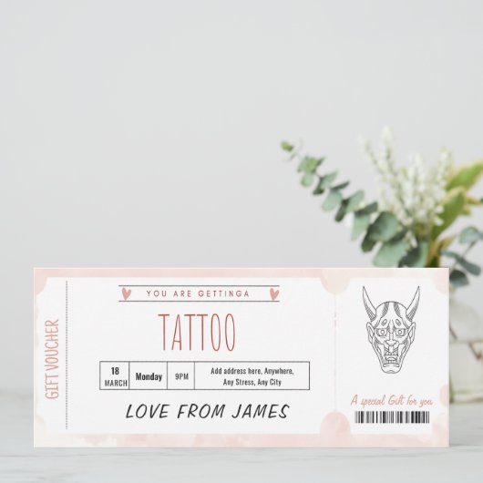 Invitation Modèle de bon de tatouage surprise modifiable (Debout devant)
