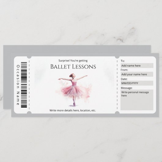 Invitation Modèle de certificat-cadeau de cours de ballet (Devant / Derrière)