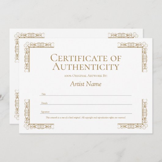 Invitation Modèle de certificat d'authenticité modifiable (Devant / Derrière)