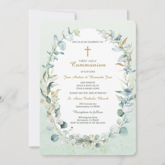 Invitation Modèle de communion jumeaux verdure (Devant)