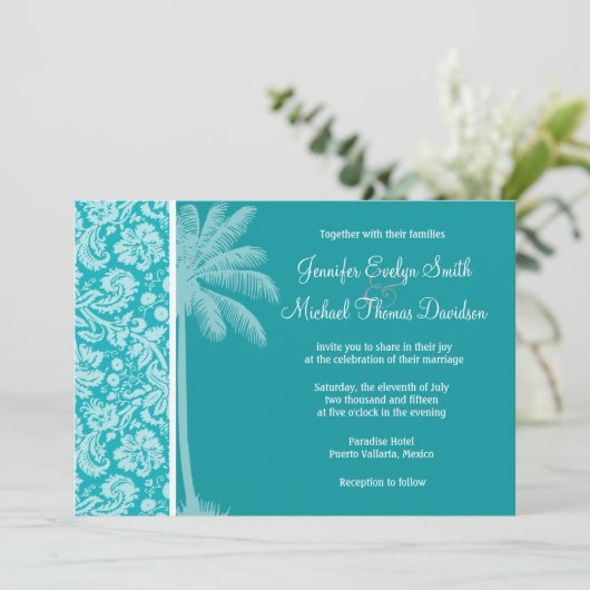 Invitation Modèle de damas bleu-vert d'été (Debout devant)