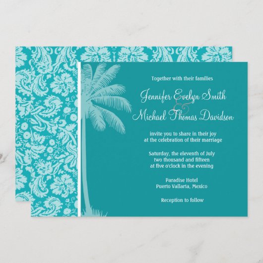 Invitation Modèle de damas bleu-vert d'été (Devant / Derrière)