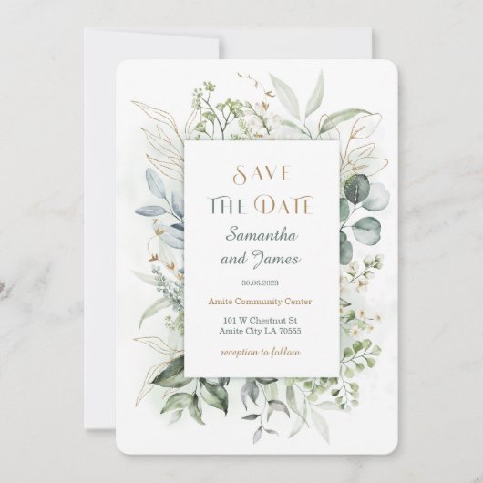 Invitation Modèle de date de sauvegarde or et vert (Devant)