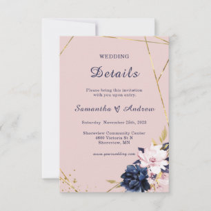Invitation Modèle de détails de mariage bleu royal et blush
