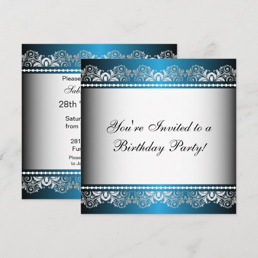 Invitation Modèle de fête Bleu et argent à dentelle (Devant / Derrière)