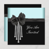 Invitation Modèle de fête bleu sarcelle noir avec nœud diaman (Devant / Derrière)