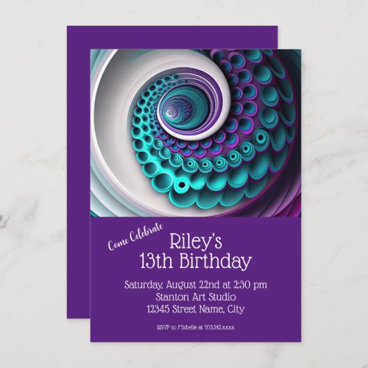 Invitation Modèle de fête d'anniversaire violet Turquoise (Devant / Derrière)