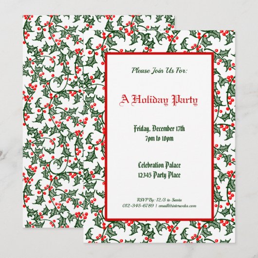 Invitation Modèle de fête de vacances avec houx vert éditable (Devant / Derrière)