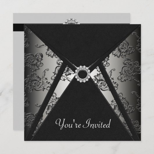 Invitation Modèle de fête en damas noir pour toutes occasions (Devant / Derrière)
