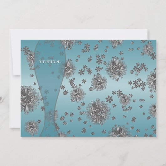 Invitation Modèle de fête Fleurs Argent Bleu Canard (Devant)