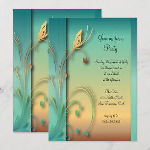 Invitation Modèle de fête papillon coucher de soleil bleu élé