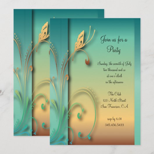 Invitation Modèle de fête papillon de coucher de soleil bleu (Devant / Derrière)