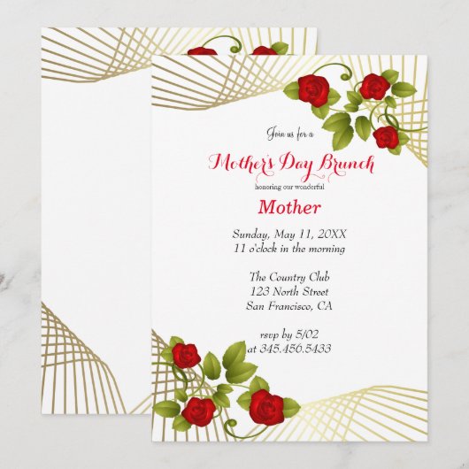 Invitation Modèle de fleurs de rose rouge avec accent doré (Devant / Derrière)