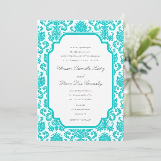 Invitation Modèle de frontière de Deep Aqua Mariages Damask (Debout devant)