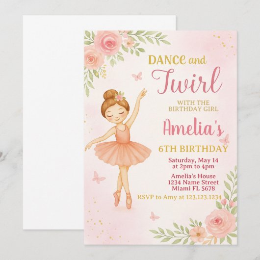 Invitation Modèle de la soirée dansante rose pour filles (Devant / Derrière)