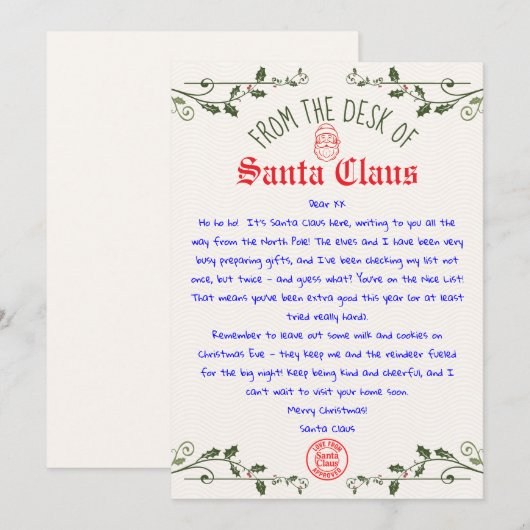 Invitation Modèle de lettre du Père Noël éditable imprimable (Devant / Derrière)