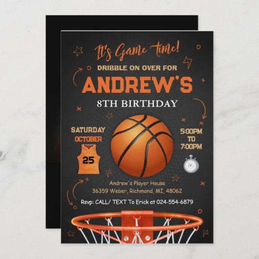 Invitation Modèle de l'invitation d'anniversaire de basket-ba (Devant / Derrière)