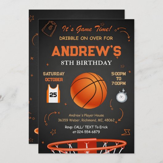 Invitation Modèle de l'invitation d'anniversaire de basket-ba (Devant / Derrière)