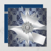 Invitation Modèle de l'invitation de la partie Blue Damask de (Devant / Derrière)