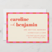 Invitation Modèle de mariage à carreaux rose et orange gras (Devant)