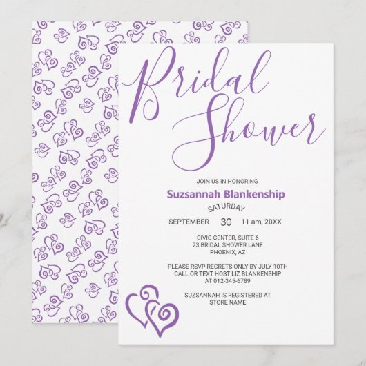 Invitation Modèle de mariage avec coeurs violets liés (Devant / Derrière)