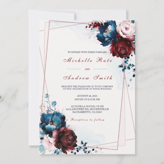 Invitation Modèle de Mariage d'or Rose et bleu marine (Devant)