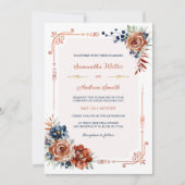Invitation Modèle de mariage doré bleu marine et orange brûlé (Devant)