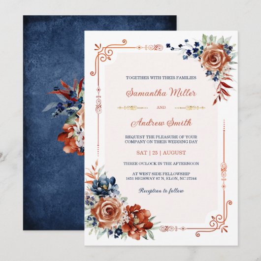 Invitation Modèle de mariage doré bleu marine et orange brûlé (Devant / Derrière)