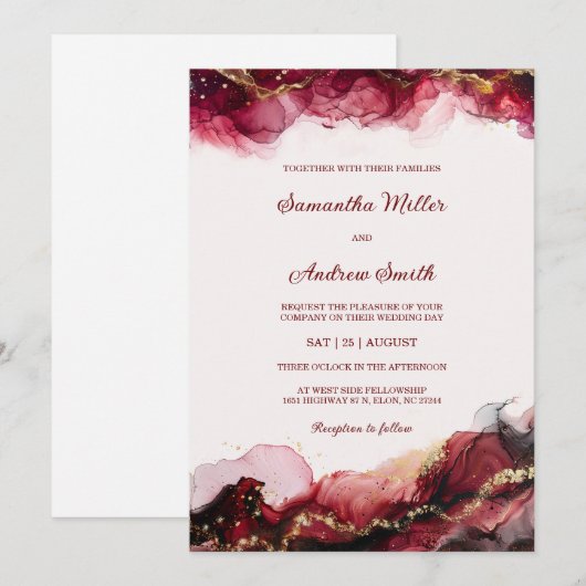 Invitation Modèle de mariage modifiable bordeaux et or (Devant / Derrière)
