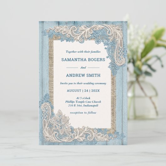 Invitation Modèle de Mariage Rustique Dusty Blue (Debout devant)