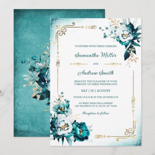 Invitation Modèle de mariage sarcelle et or (Devant / Derrière)