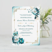 Invitation Modèle de Mariage Vert Bleuté et Doré (Debout devant)