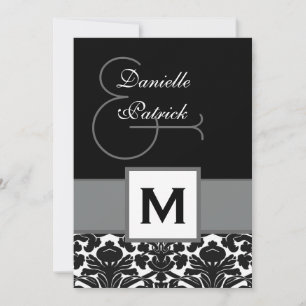 Invitation Modèle de monogramme DAMASK noir et blanc V18