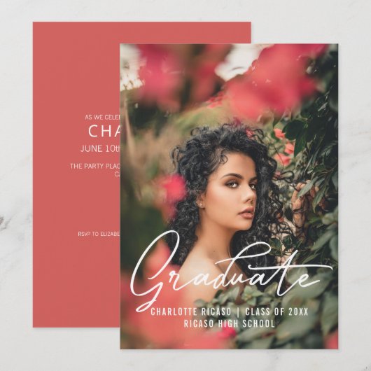 Invitation Modèle de photo de remise de diplômes Rose personn (Devant / Derrière)