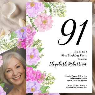 Invitation Modèle de photo personnalisé Fleur peinte 91e anni