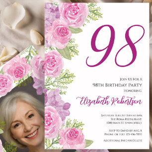 Invitation Modèle de photo personnalisé Roses roses 98e anniv
