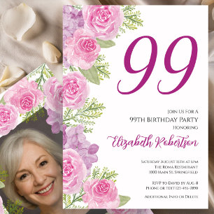 Invitation Modèle de photo personnalisé Roses roses 99e anniv