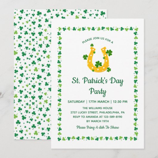 Invitation Modèle de trèfle de fer à cheval doré Saint-Patric (Devant / Derrière)