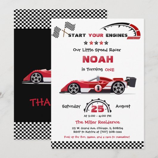 Invitation Modèle de voiture de course rouge modifiable (Devant / Derrière)