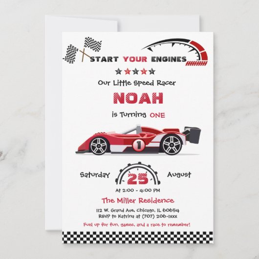 Invitation Modèle de voiture rouge course modifiable (Devant)