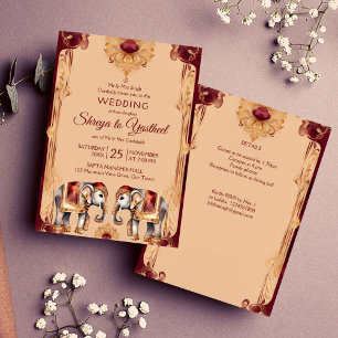 Invitation Modèle d'éléphants mariages maroon beige indien