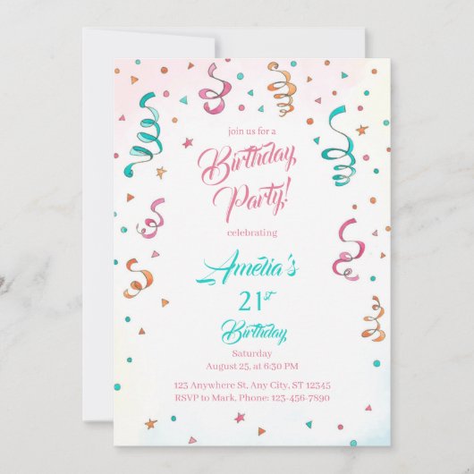 Invitation Modèle d'invitation d'anniversaire avec confettis (Devant)