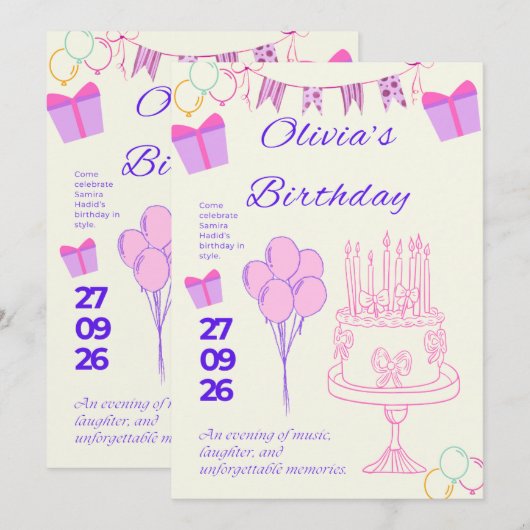 Invitation Modèle d'invitation d'anniversaire élégant (Devant / Derrière)