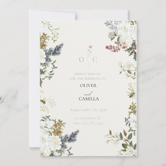 Invitation Modèle d'invitation de mariage botanique à fleurs (Devant)