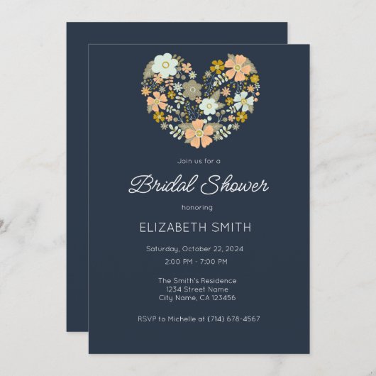 Invitation Modèle d'invitation de mariage floral bleu marine (Devant / Derrière)