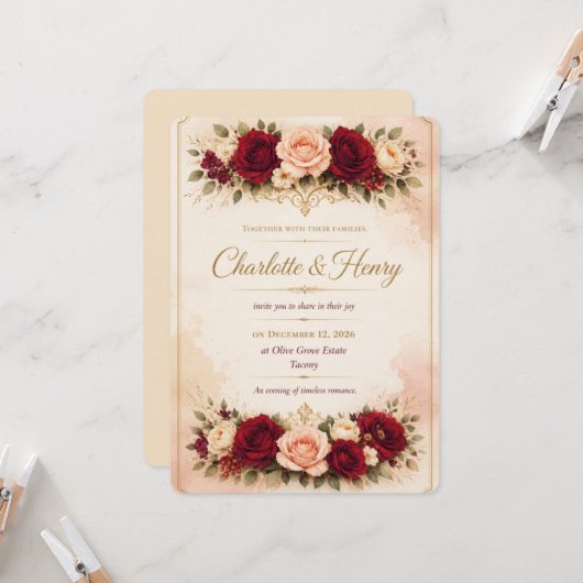 Invitation Modèle d'invitation de mariage floral de luxe (Devant/Arrière en situation)