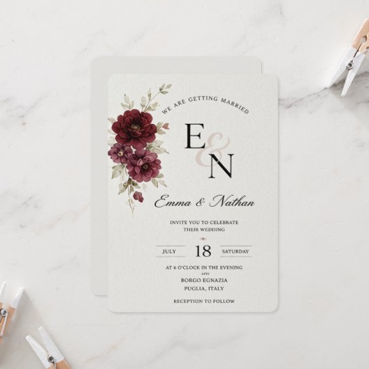Invitation Modèle d'invitation de mariage floral minimal (Devant/Arrière en situation)